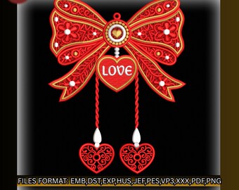 Diseño de bordado de lazo de corazón FSL con archivo EMB, adorno de amor de encaje independiente, tamaños de 5" y 7", bordado a máquina EMB pes dst jef