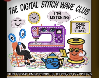 Patrón de bordado a máquina Digital Stitch Wave Club, bonito diseño de decoración para sala de costura, varios tamaños incluidos, archivos PES, DST y JEF. Crafty