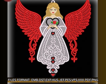 Adorno de ángel con alas rojas FSL, diseño bordado, encaje independiente, Navidad, 2 tamaños, pes dst jef emb pdf, descarga instantánea