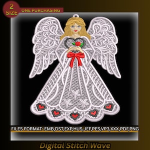 FSL Angel Ornament Embroidery Design, Freestanding Lace Christmas Machine Pattern, 2 Sizes, included emb pdf pes jef dst instant download