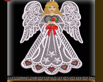 Diseño de bordado de adorno de ángel FSL, patrón de máquina navideña de encaje independiente, 2 tamaños, incluye emb, pdf, pes, jef, dst, descarga instantánea