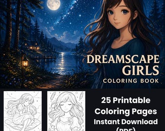 Puede incluir: Imagen de arte digital para un libro para colorear titulado "Dreamscape Girls". La portada presenta a una joven con cabello castaño largo contra una escena nocturna con un lago, luna y estrellas. Debajo hay dos páginas para colorear y el texto "25 páginas para colorear imprimibles Descarga instantánea (PDF)."
