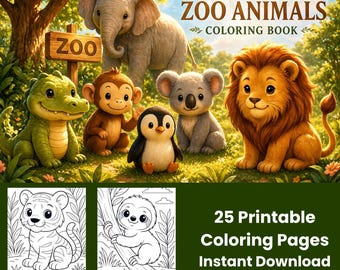 Livro de colorir com animais adoráveis do zoológico | Animais kawaii para imprimir | 25 páginas para colorir (PDF)