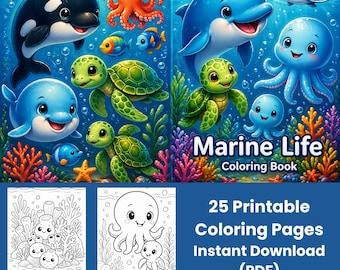 Dibujos para colorear de vida marina / 25 animales marinos para imprimir / Criaturas marinas para niños (PDF)
