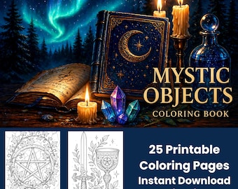 Mystic Objects Coloring Book | Witchy Printable Art Set (25 Sheets, PDF)