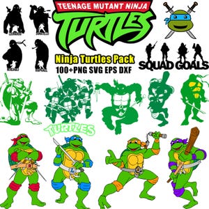 May include: A collection of Teenage Mutant Ninja Turtles graphics. The image includes various illustrations of the turtles in action poses, along with silhouettes and the words "Ninja Turtles Pack" and "Squad Goals". The color palette is primarily green, red, blue, and orange.