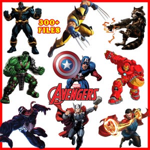 May include: A collection of Marvel Avengers characters in action poses. Includes Thanos, Wolverine, Hulk, Captain America, Iron Man, Rocket Raccoon, Venom, Thor, and Doctor Strange. The image also features the Avengers logo and text that reads "300+ FILES".