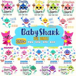 Puede incluir: Un colorido paquete SVG con varios miembros de la familia Baby Shark, incluyendo a Mommy, Daddy, Baby, Grandpa y Grandma Sharks. El diseño incluye el texto "Baby Shark SVG Bundle" e indicadores de tipo de archivo como PNG, SVG, EPS y DXF.