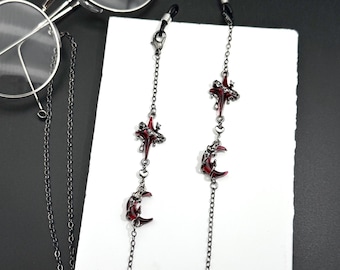Witchy Goth Crescent Moon Star Glasses Chain, Black Eyewear Holder,Dark fantasy