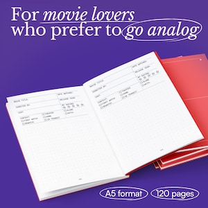 May include: Open A5 format movie journal with 120 pages. The red-edged notebook is open to a spread with fill-in sections for movie title, director, cast, and rating. The cover text reads, "For movie lovers who prefer to go analog."