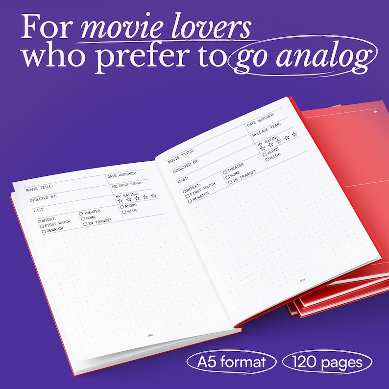May include: Open A5 format movie journal with 120 pages. The red-edged notebook is open to a spread with fill-in sections for movie title, director, cast, and rating. The cover text reads, "For movie lovers who prefer to go analog."