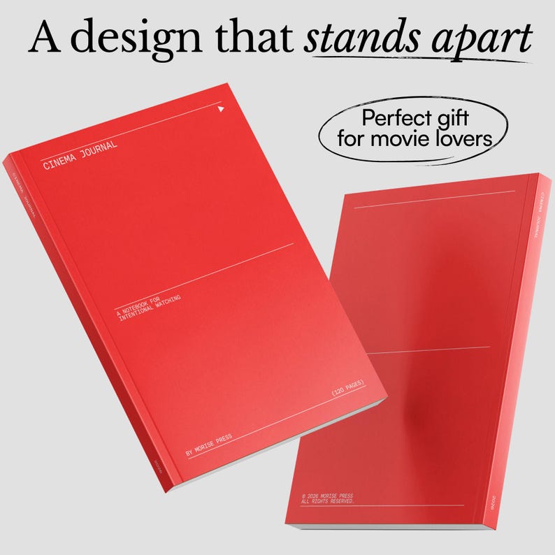 May include: Two red notebooks with white horizontal lines and text. The text on the cover reads "CINEMA JOURNAL" and "A NOTEBOOK FOR INTENTIONAL WATCHING." The image also includes the text "Perfect gift for movie lovers" and "A design that stands apart."
