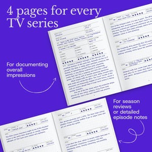 Op de afbeelding: Een notitieboek met de tekst "4 pagina's voor elke tv-serie" en "Voor het documenteren van algemene indrukken". Het notitieboek is open om afleveringrecensies en gedetailleerde notities te tonen. De pagina's hebben een paarse achtergrond.