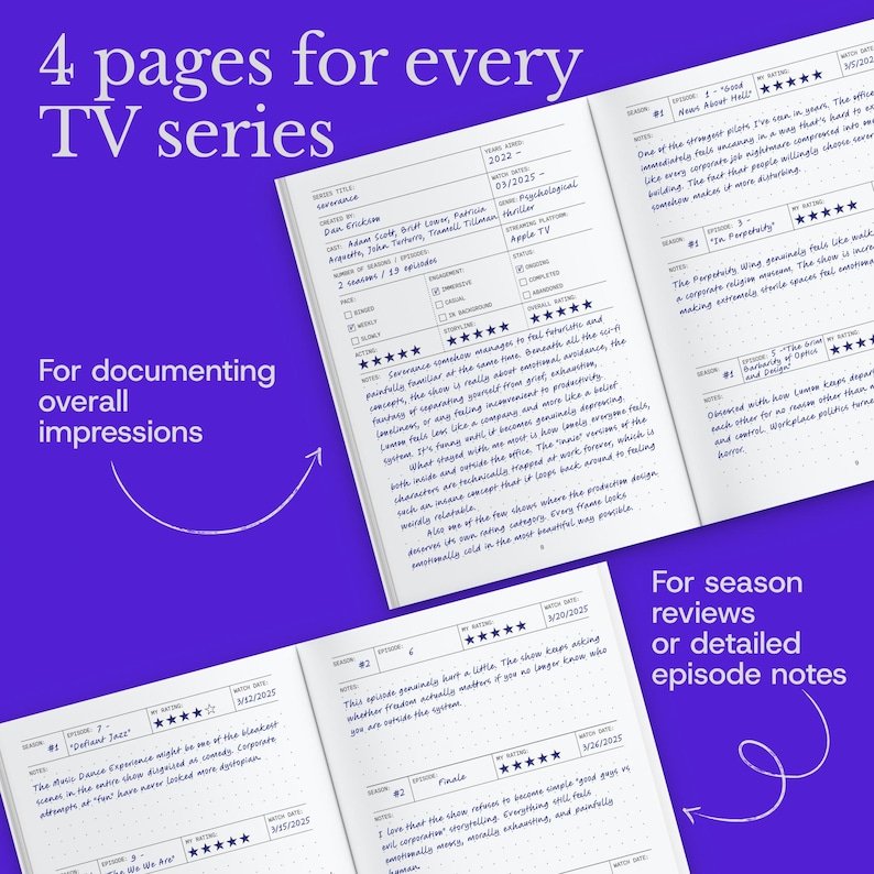 Op de afbeelding: Een notitieboek met de tekst "4 pagina's voor elke tv-serie" en "Voor het documenteren van algemene indrukken". Het notitieboek is open om afleveringrecensies en gedetailleerde notities te tonen. De pagina's hebben een paarse achtergrond.