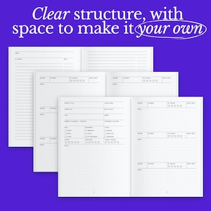 Op de afbeelding: Wit open notitieboek met stippenrasterpagina's en gelinieerde pagina's. Het notitieboek heeft secties voor tv-series, afleveringen en beoordelingen. De tekst in de afbeelding luidt "Clear structure, with space to make it your own."