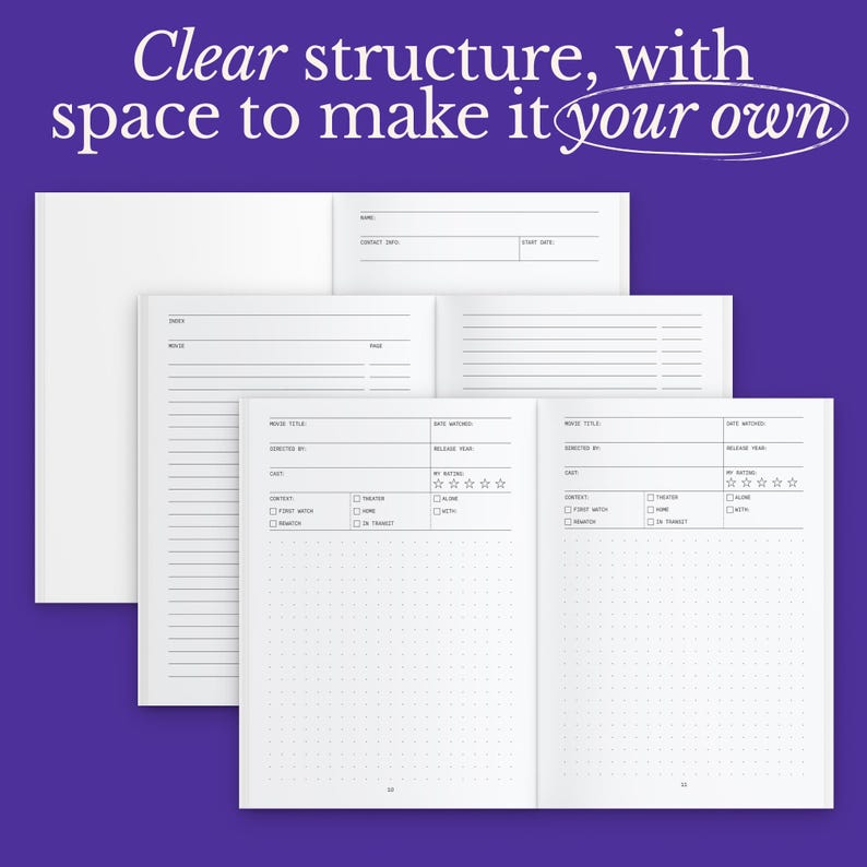 May include: A white notebook with a clear structure and space to make it your own. The notebook has lined pages, dotted pages, and sections for movie titles, cast, and ratings. The text "Clear structure, with space to make it your own" is at the top.