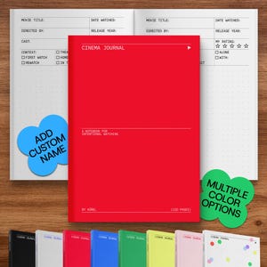 May include: A red Cinema Journal notebook with the text "Cinema Journal" and "A Notebook for Intentional Watching." The notebook has 120 pages and is shown with multiple color options. Includes space to record movie details.