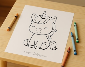 Cute Unicorn Coloring Page for Kids – Kawaii Printable PDF, Baby Unicorn Art, Preschool Activity, Instant Download