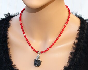 Handmade Natural Red coral necklace Beaded pendant necklace Red and black choker with bell pendant Unique gift for women