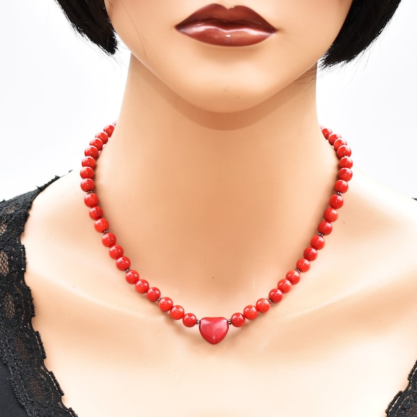 Handmade Red Coral Necklace with Heart Centerpiece - Delicate and Romantic Unique Gemstone Jewelry for women