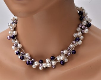 Pearl illusion necklace Crochet Layered statement necklace Multi strand Purple pearl necklace