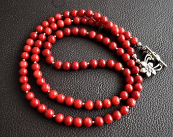 Handmade Natural red coral necklace Long beaded Double strand choker Statement necklace for women Unique artisan gift