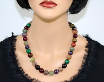 Collier fait main en agate multicolore, collier en perles de pierres précieuses, bijoux en cristal réglables audacieux pour femme