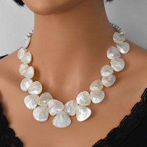 White mother of pearl statement necklace Cluster choker Chunky Gemstone jewelry Artisan woman gift