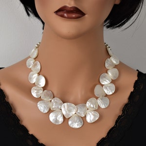 Handmade White mother of pearl statement necklace Wedding cluster choker Chunky Gemstone jewelry Artisan woman gift
