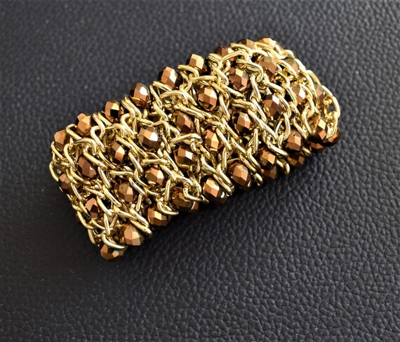 Vintage Wide cuff bracelet Gold stretch bracelet … - image 3