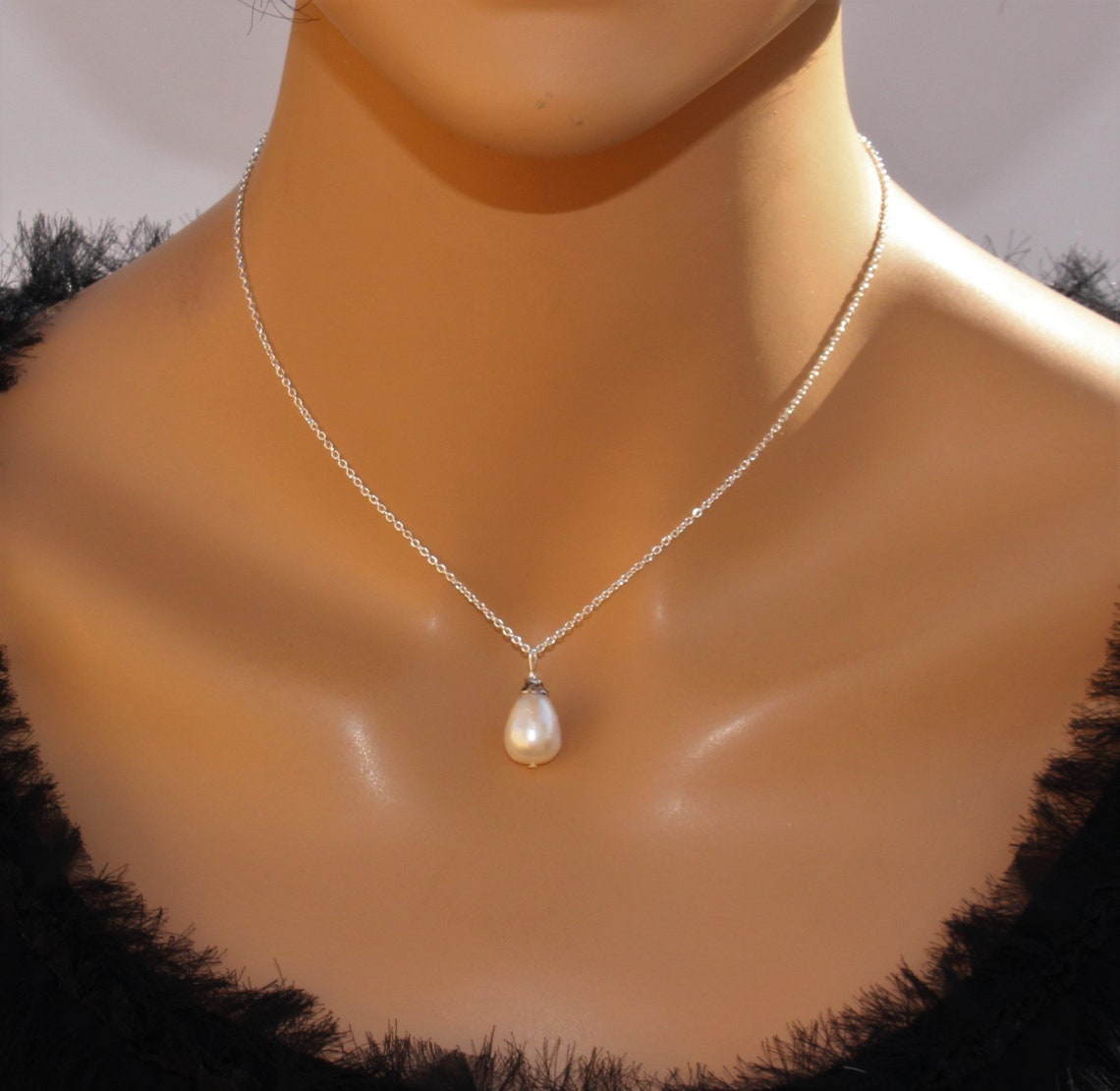 Teardrop pearl pendant necklace silver White freshwater pearl Etsy