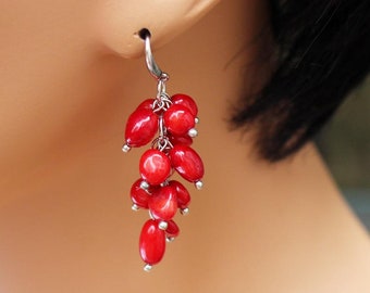 Handmade Natural Red coral earrings Silver cluster earrings Long Grape dangle Italian coral Statement earrings Unique artisan gift