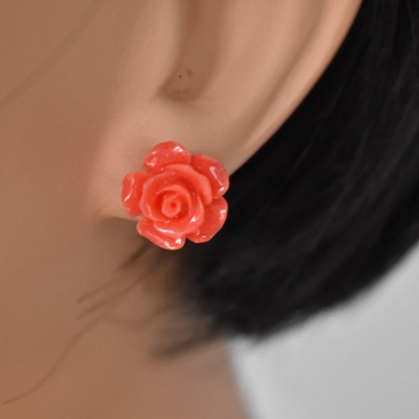 Coral rose earrings Silver flower stud earrings Silver Coral rose dangle Wedding jewelry for women