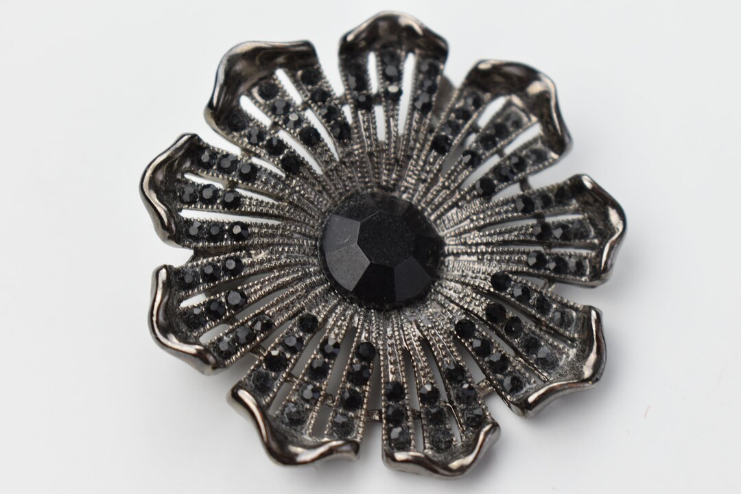 Vintage Marcasite Brooch Black Flower Pin With Rhinestones Large Goth