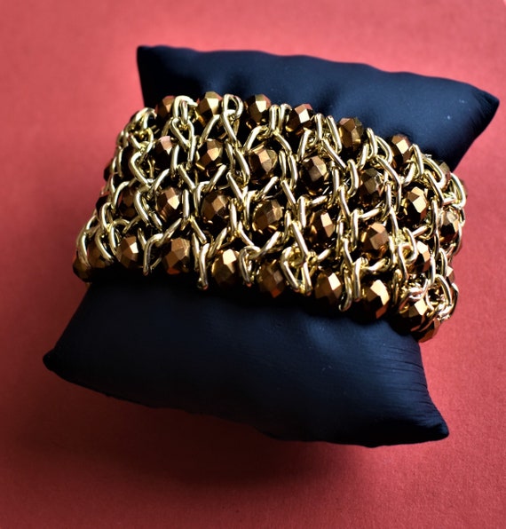 Vintage Wide cuff bracelet Gold stretch bracelet … - image 2