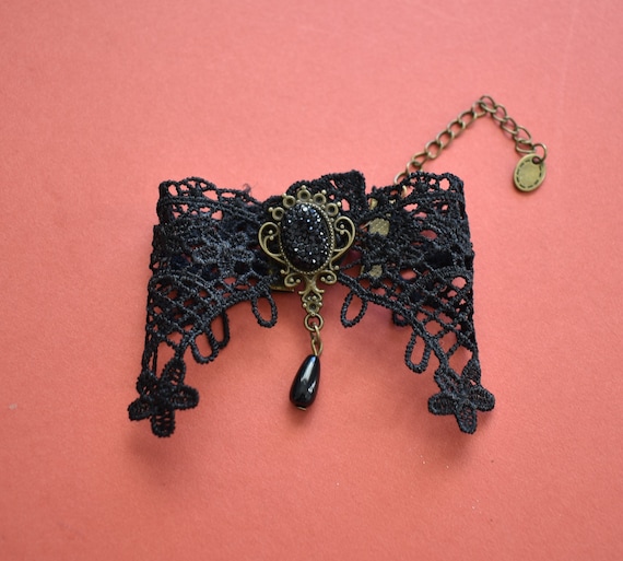 Vintage Black lace bracelet Goth Wide cuff Lace j… - image 1