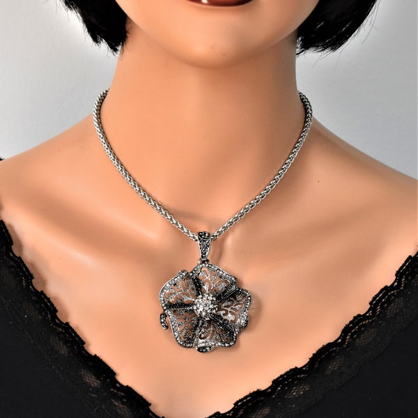 RegencyCore Marcasite flower pendant necklace silver Large floral statement necklace Unique artisan gift