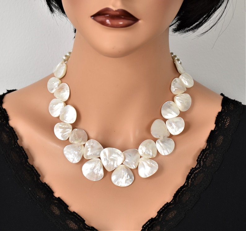 White Mother of Pearl Statement Necklace Cluster Choker Chunky Etsy