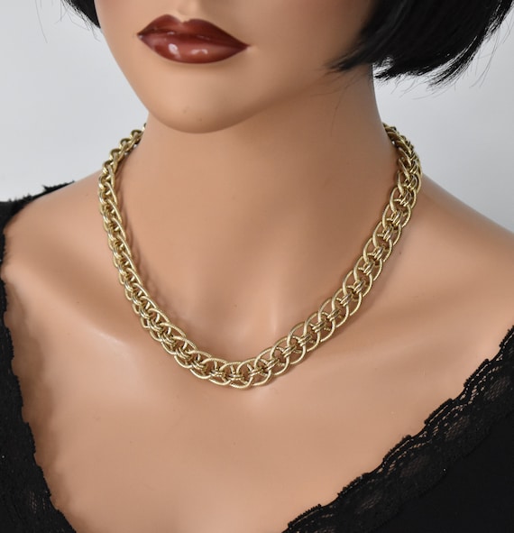 Vintage Chunky Double link statement necklace Gol… - image 1