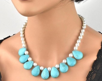Collar babero de turquesa hecho a mano, conjunto de joyería llamativa con piedras preciosas grandes, gargantilla artesanal única para mujer.