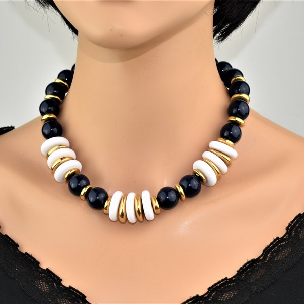 Vintage Napier necklace Navy blue and White Statement necklace Chunky choker Retro modern Collectible jewelry gift