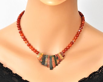 Boho Chic Handmade Carnelian Agate Bib Necklace - Statement Jewelry Beaded Gemstone Jewelry set Unique artisan gift for women