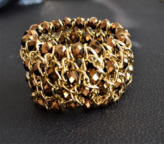 Vintage Wide cuff bracelet Gold stretch bracelet … - image 5