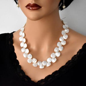 Handmade White mother of Pearl necklace Beaded MOP cluster necklace Sea shell jewelry set Gemstone statement necklace Unique artisan gift