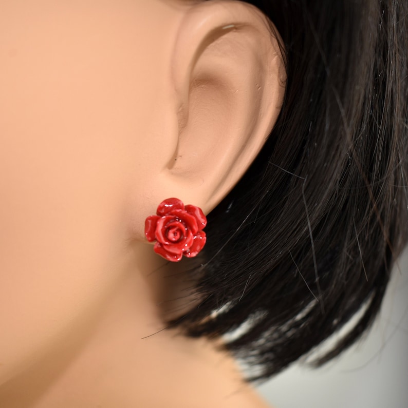 Coral Rose Earrings Silver Flower Stud Earrings Silver Studs Etsy