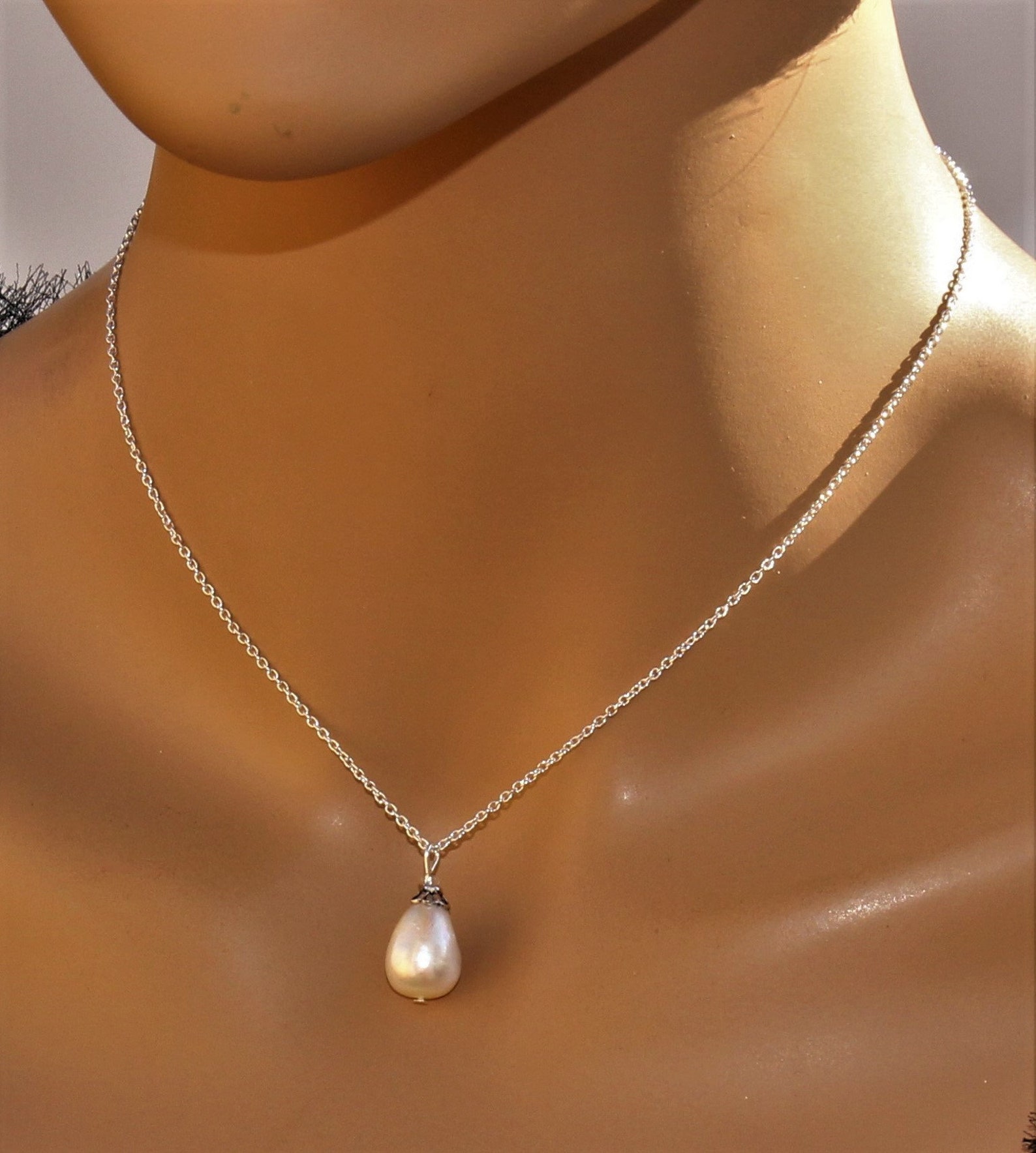 Teardrop pearl pendant necklace silver White freshwater pearl Etsy