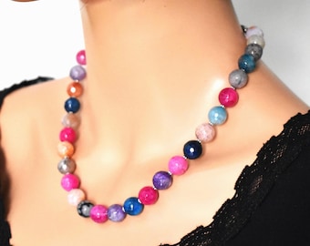 Collana fatta a mano in agata, audace, spessa, multicolore, con pietre preziose, girocollo, gioiello artigianale, regalo