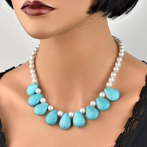 Handmade Chunky Turquoise necklace Bib choker Unique Statement Jewelry Gemstone cluster necklace for women