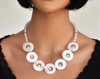 Handmade White Mother of Pearl Bib necklace Chunky Unique Gemstone Statement Jewelry for women