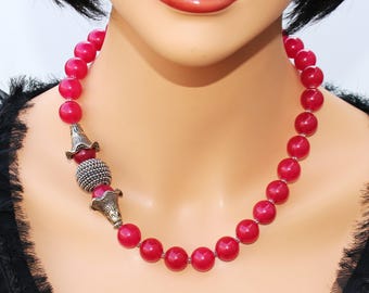 Handmade Red Jade necklace Gemstone Chunky choker Unique artisan Statement necklace set for women